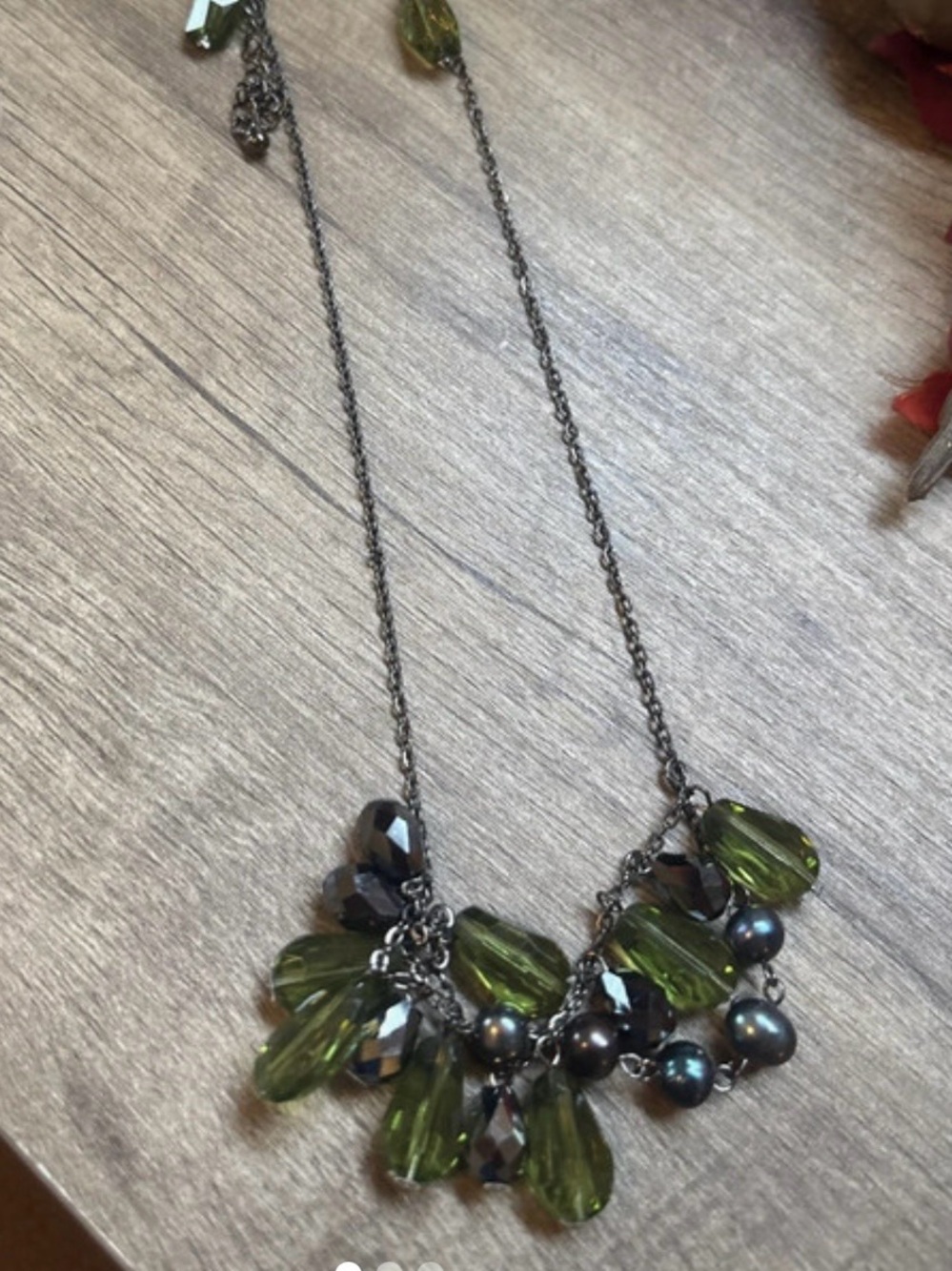 Olive Green Beaded Drop Necklace with Dark Metal Chain